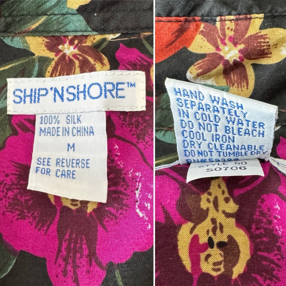 Ship'n Shore silk black floral tropical hawaiian button front blouse top M - Picture 8 of 9